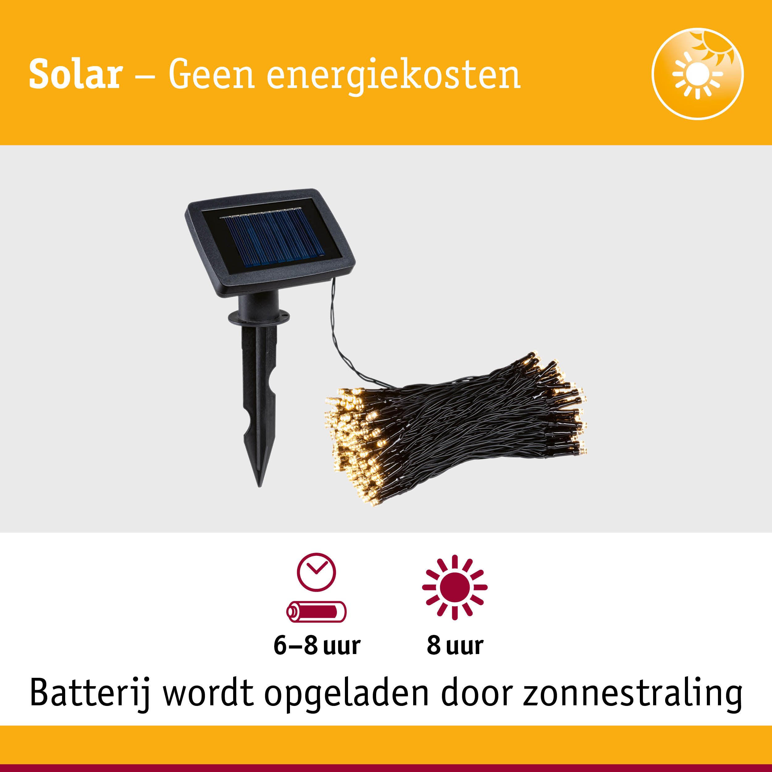 Zwart zonnepaneel met LED-lichtsnoer voor energiezuinige buitenverlichting zonder energiekosten