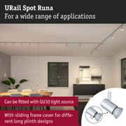 URail Spot Runa silver GU10 LED track lighting in modern dining room with wooden table and grey accents