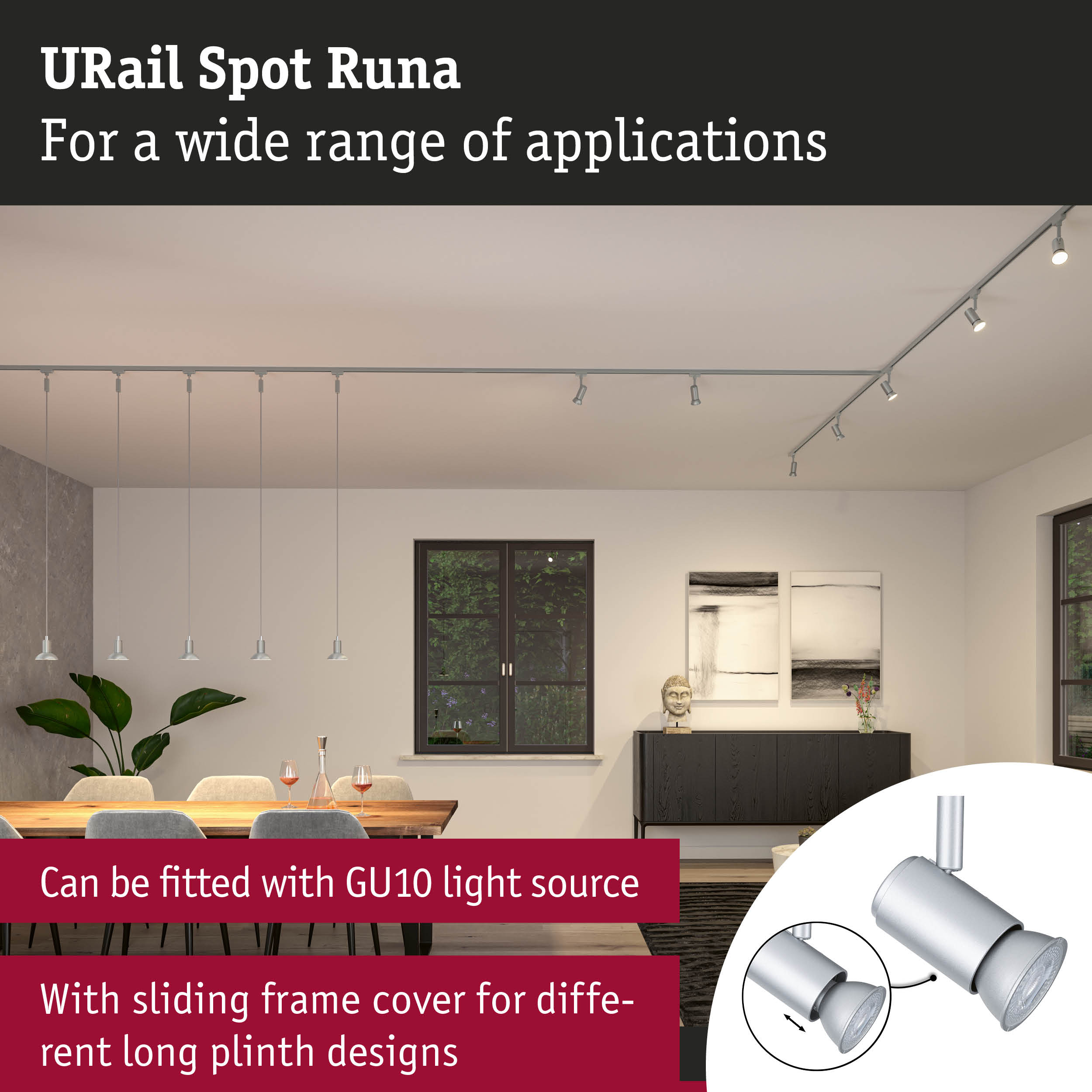 URail Spot Runa silver GU10 LED track lighting in modern dining room with wooden table and grey accents