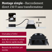 Spot encastré carré noir avec profondeur d'installation de 55 mm et raccordement direct 230 V sans transformateur