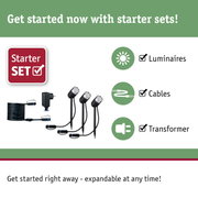 Starter set with black LED outdoor lights, cables, and transformer for garden lighting