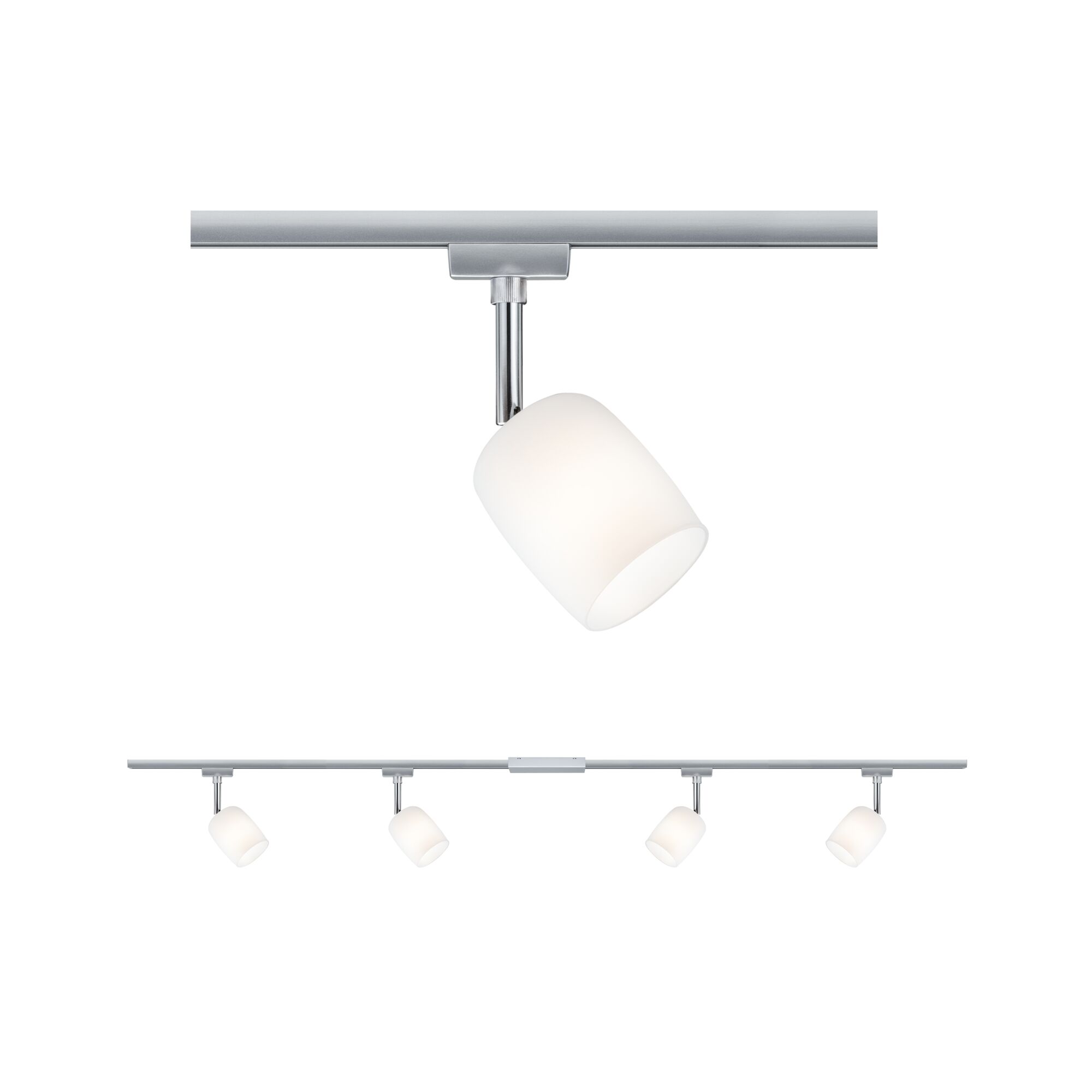 Four-light LED track with white glass shades and silver metal frame for modern room lighting