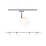 Four-light LED track with white glass shades and silver metal frame for modern room lighting