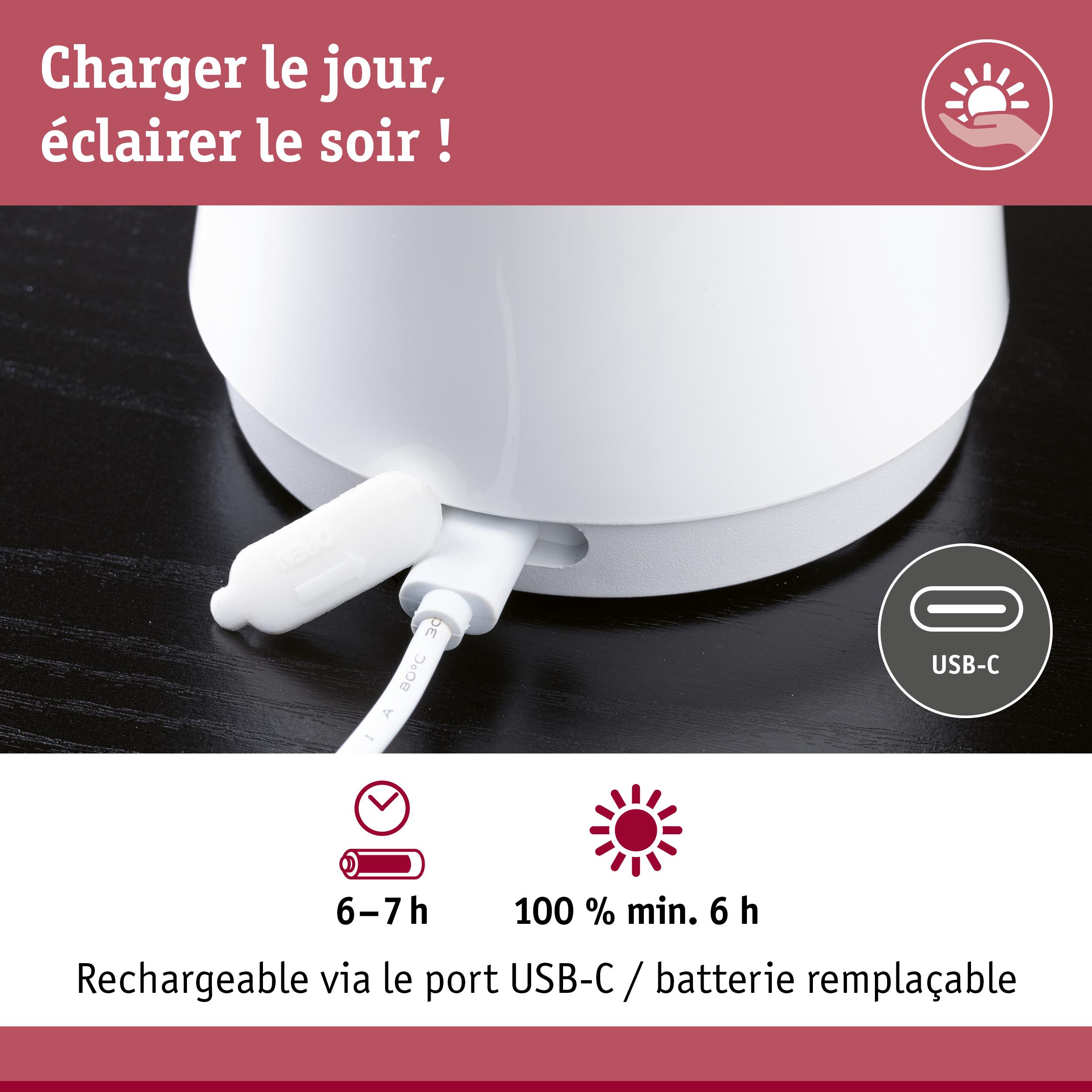 Appareil blanc avec port USB-C rechargeable et batterie remplaçable, autonomie 6-7 h