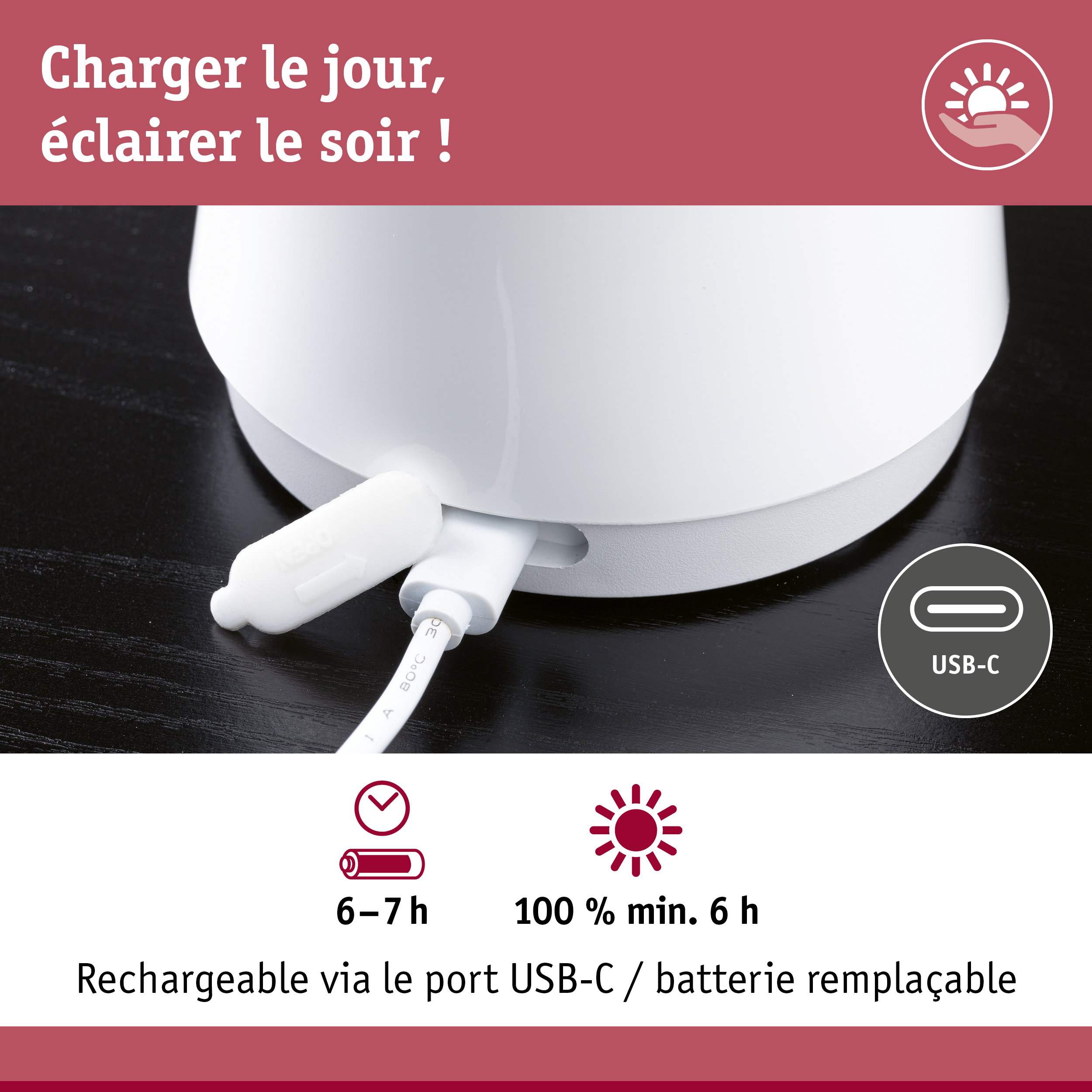Chargeur blanc USB-C avec batterie remplaçable pour éclairage LED durable et efficace