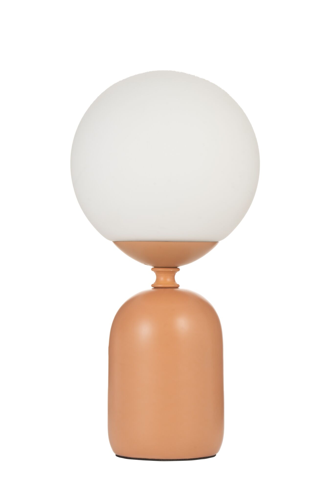 Moderne tafellamp met matte terracotta metalen voet en witte glazen kap voor sfeerverlichting