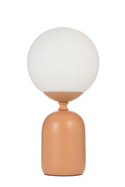 Moderne tafellamp met matte terracotta metalen voet en witte glazen kap voor sfeerverlichting