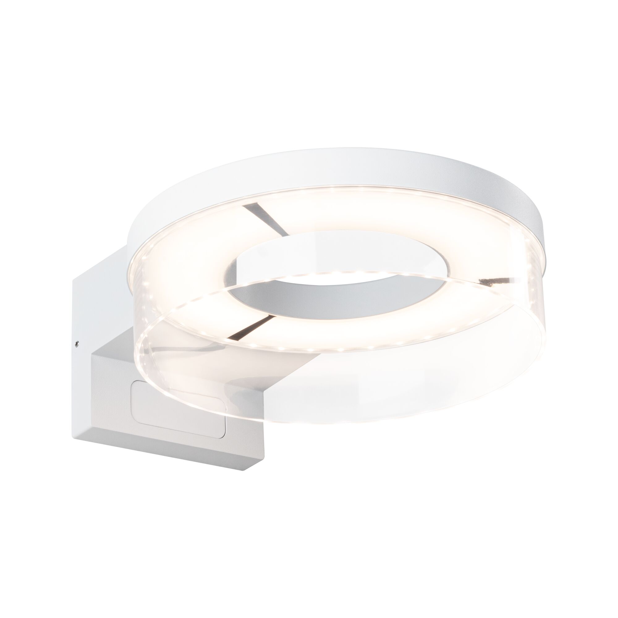 Modern white LED wall light with round acrylic ring for ambient room lighting