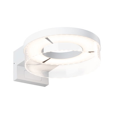 Modern white LED wall light with round acrylic ring for ambient room lighting