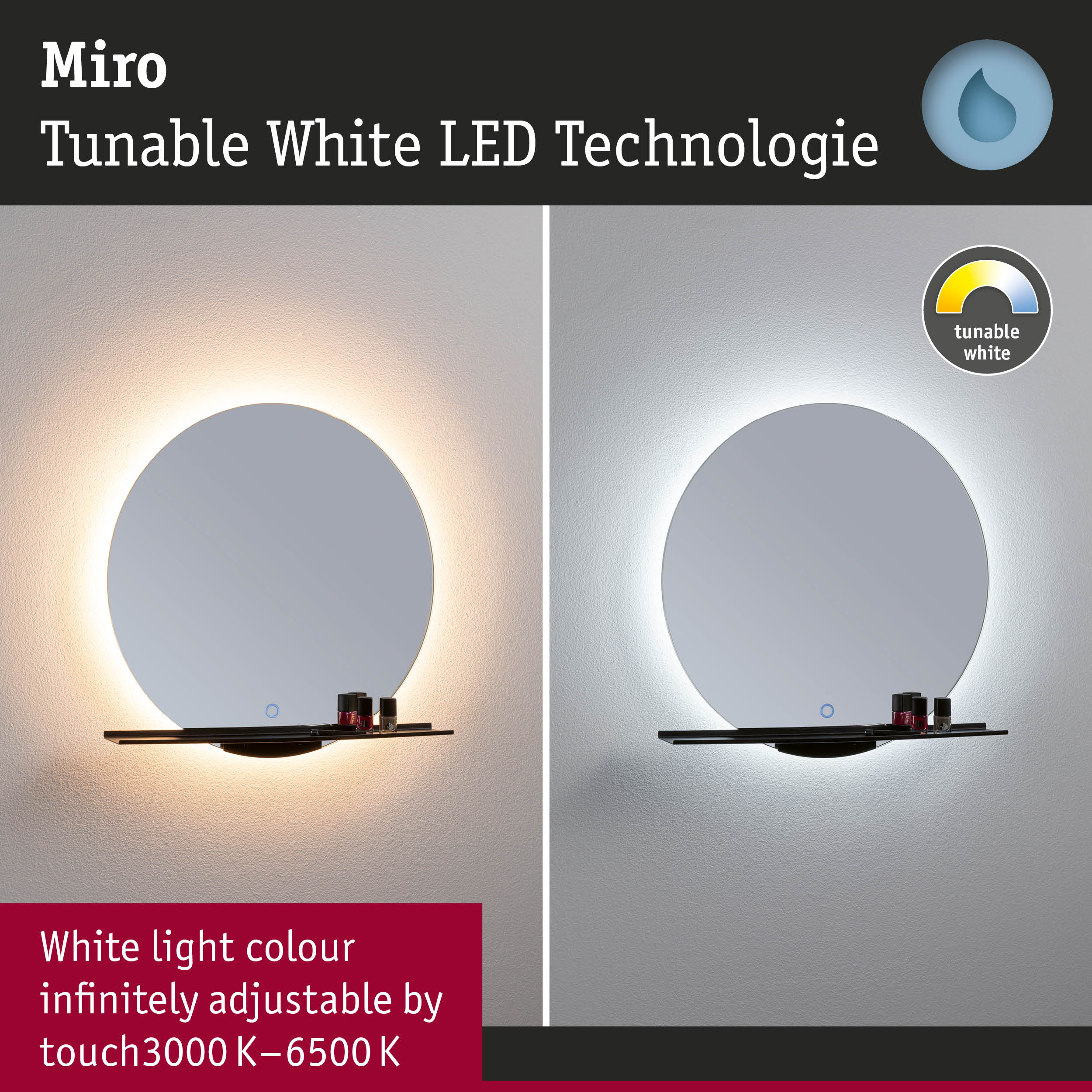 Round mirror with adjustable Miro Tunable White LED lighting in warm and cool white tones