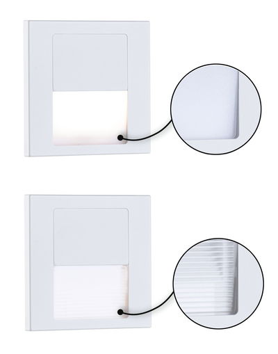 Two white LED wall recessed lights with matte and ribbed plastic diffuser for indoor lighting