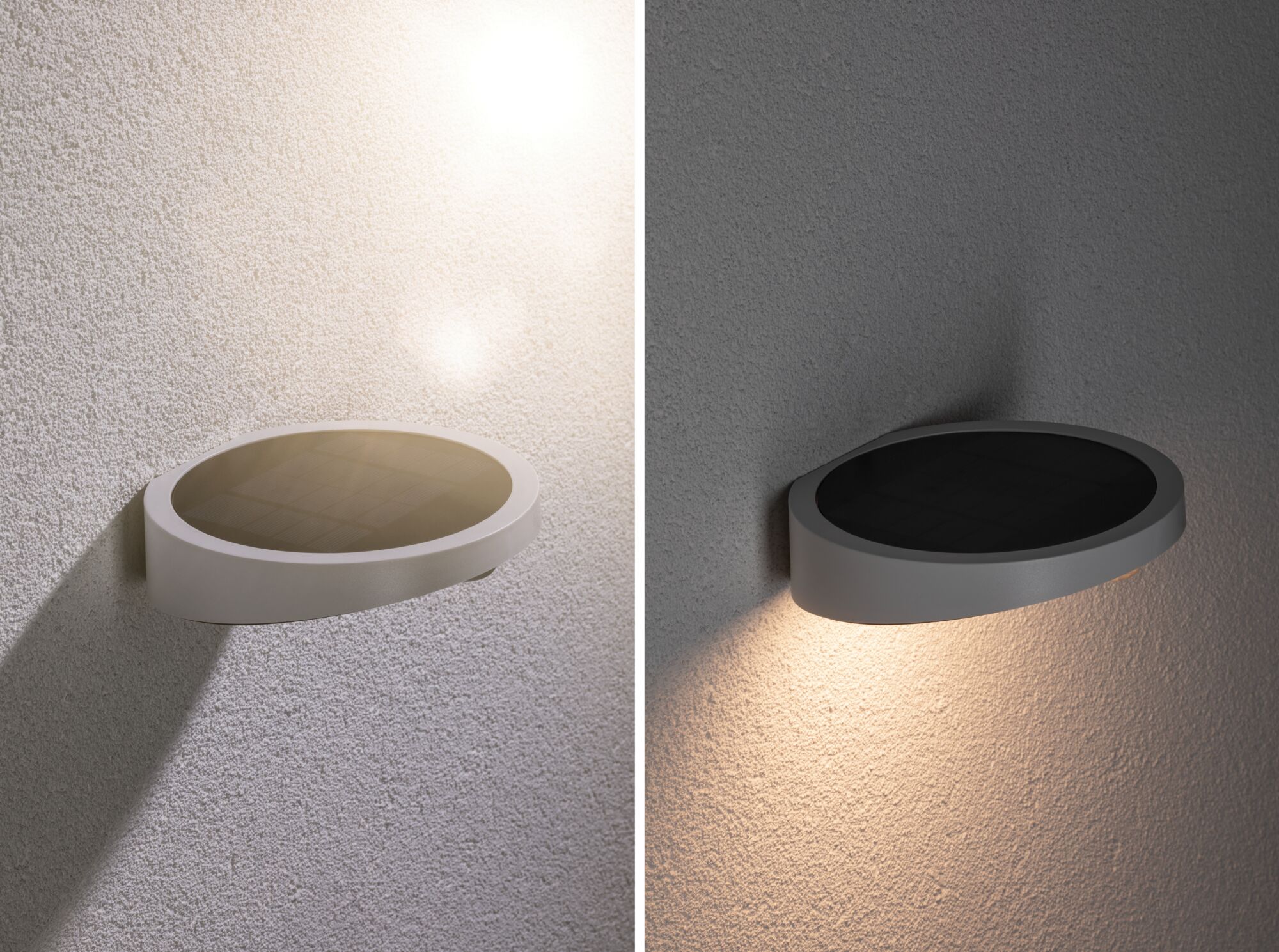 Graue Solar-Wandleuchte aus Kunststoff mit warmweißem LED-Licht für Außenbereiche und energiesparende Beleuchtung