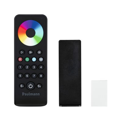 Black remote control with color wheel and buttons for light control, two small adapters beside
