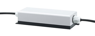 Rectangular white plastic housing with black base and cable connectors for LED driver device.