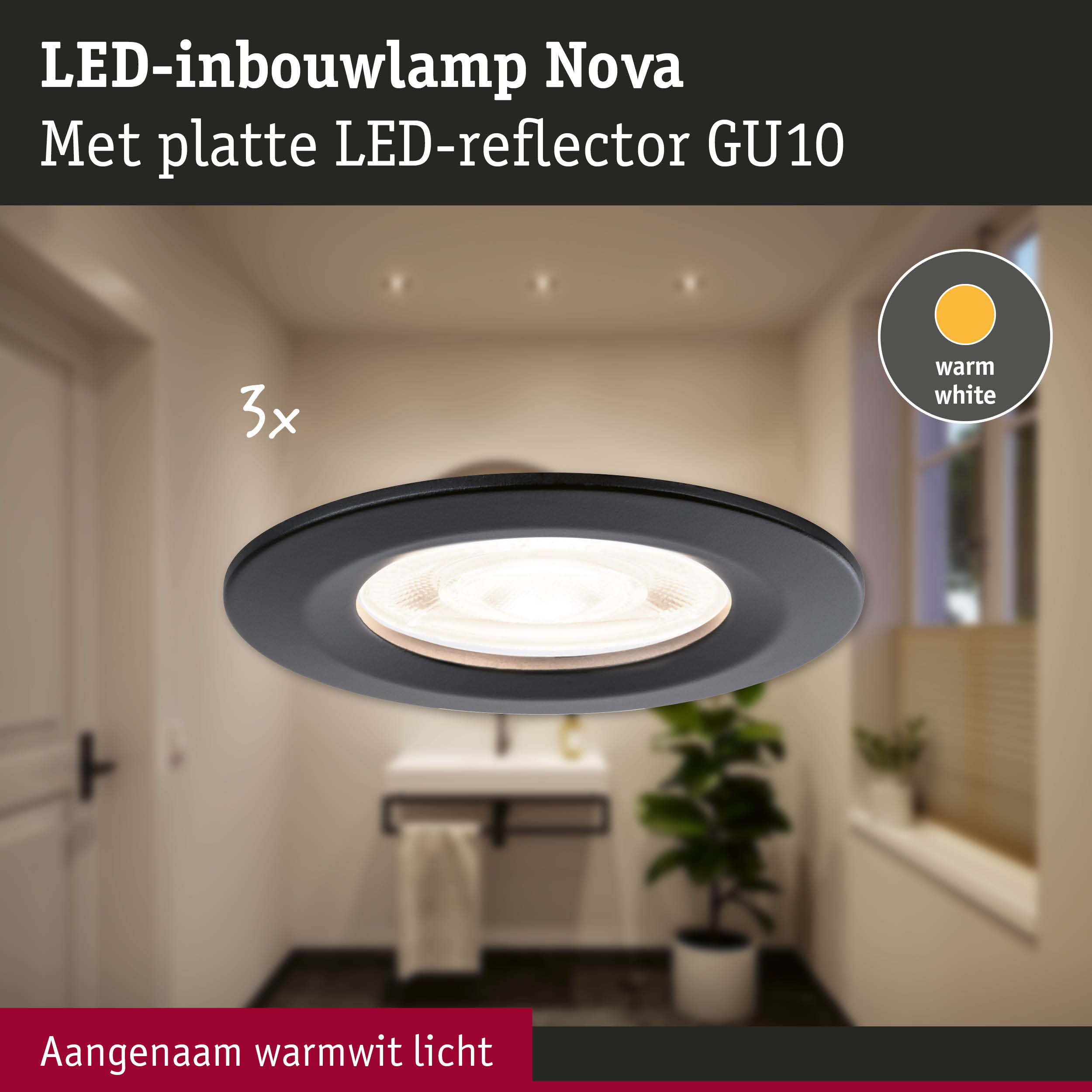 Zwarte LED-inbouwlamp Nova met platte LED-reflector GU10 en warm wit licht voor woonruimtes