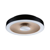 Round ceiling light with black frame and beige ribbed inner ring made of plastic, LED lighting fixture