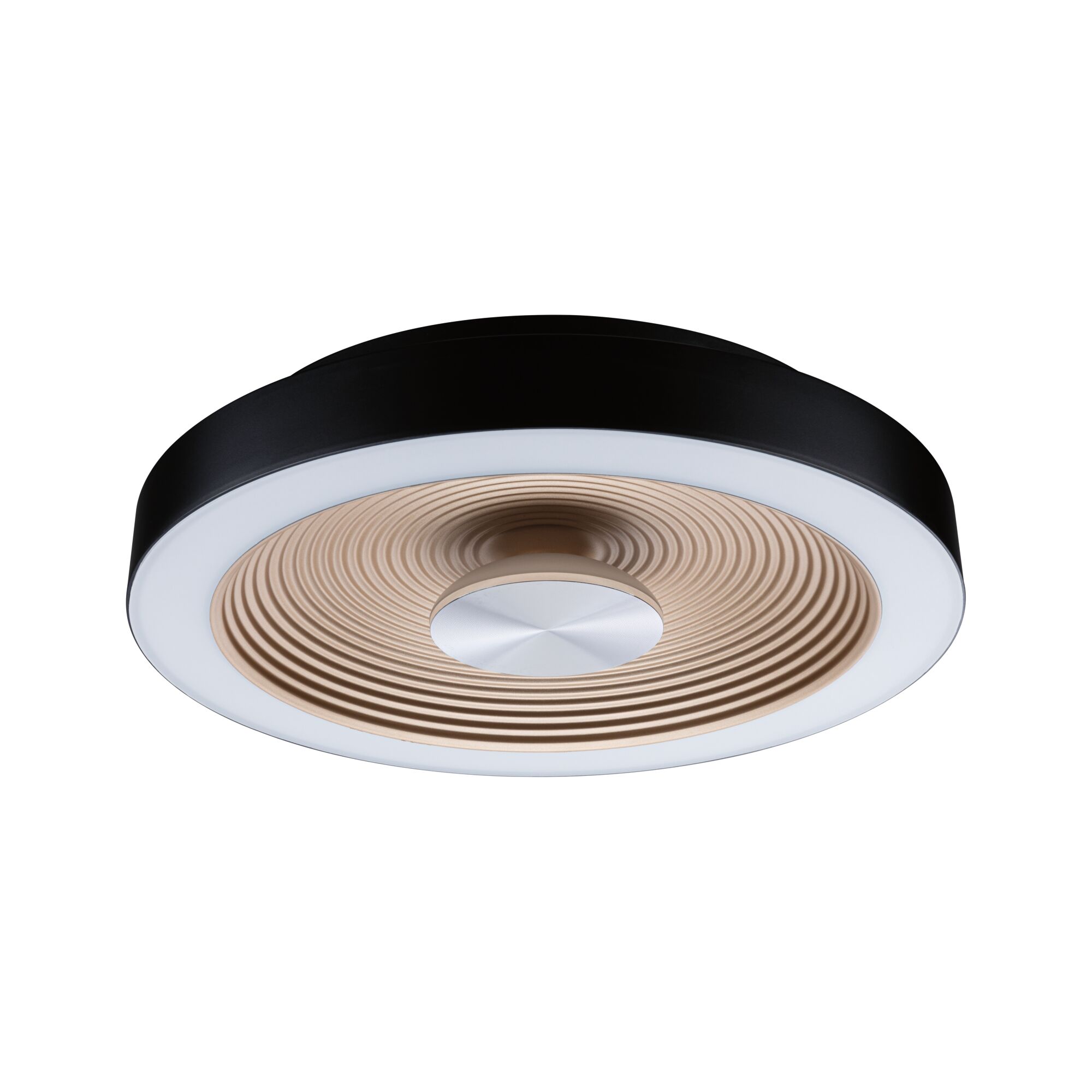 Round ceiling light with black frame and beige ribbed inner ring made of plastic, LED lighting fixture