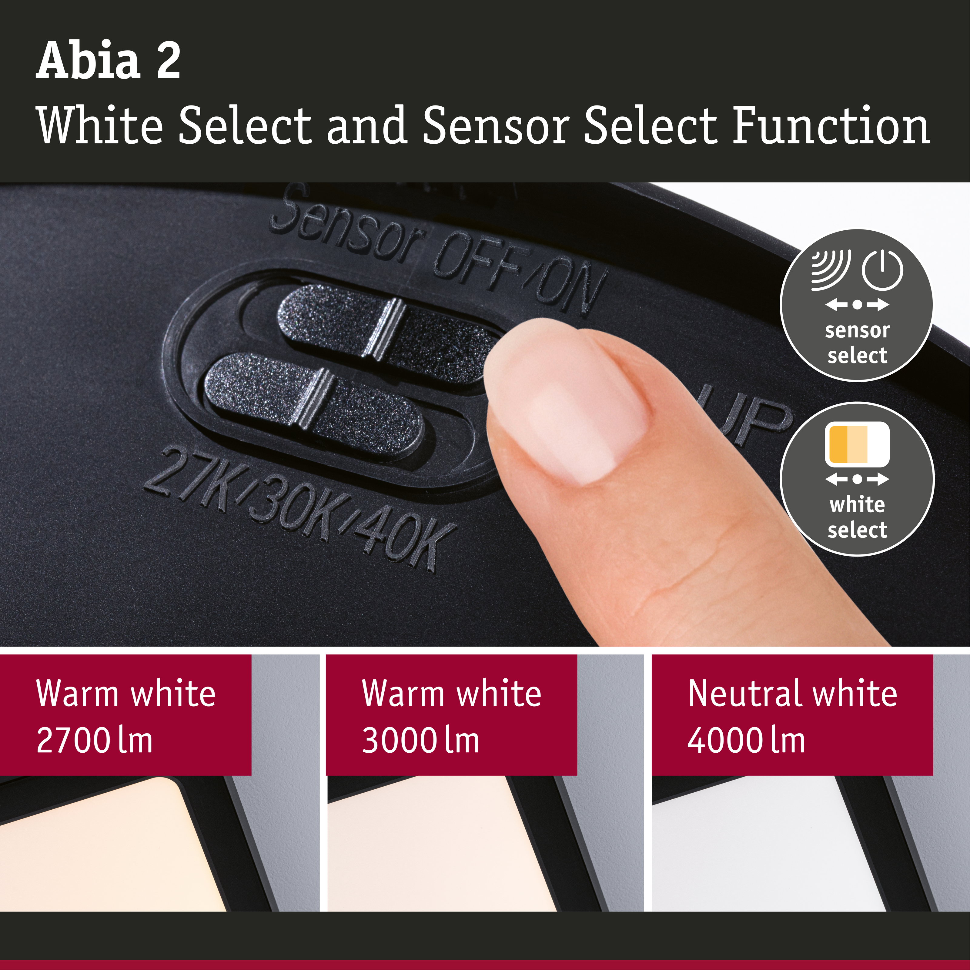 LED Panel Abia 2 White Select Twilight-controlled motion detector (HF) angular 400x400mm 16W 1400lm 2700 - 4000K Black