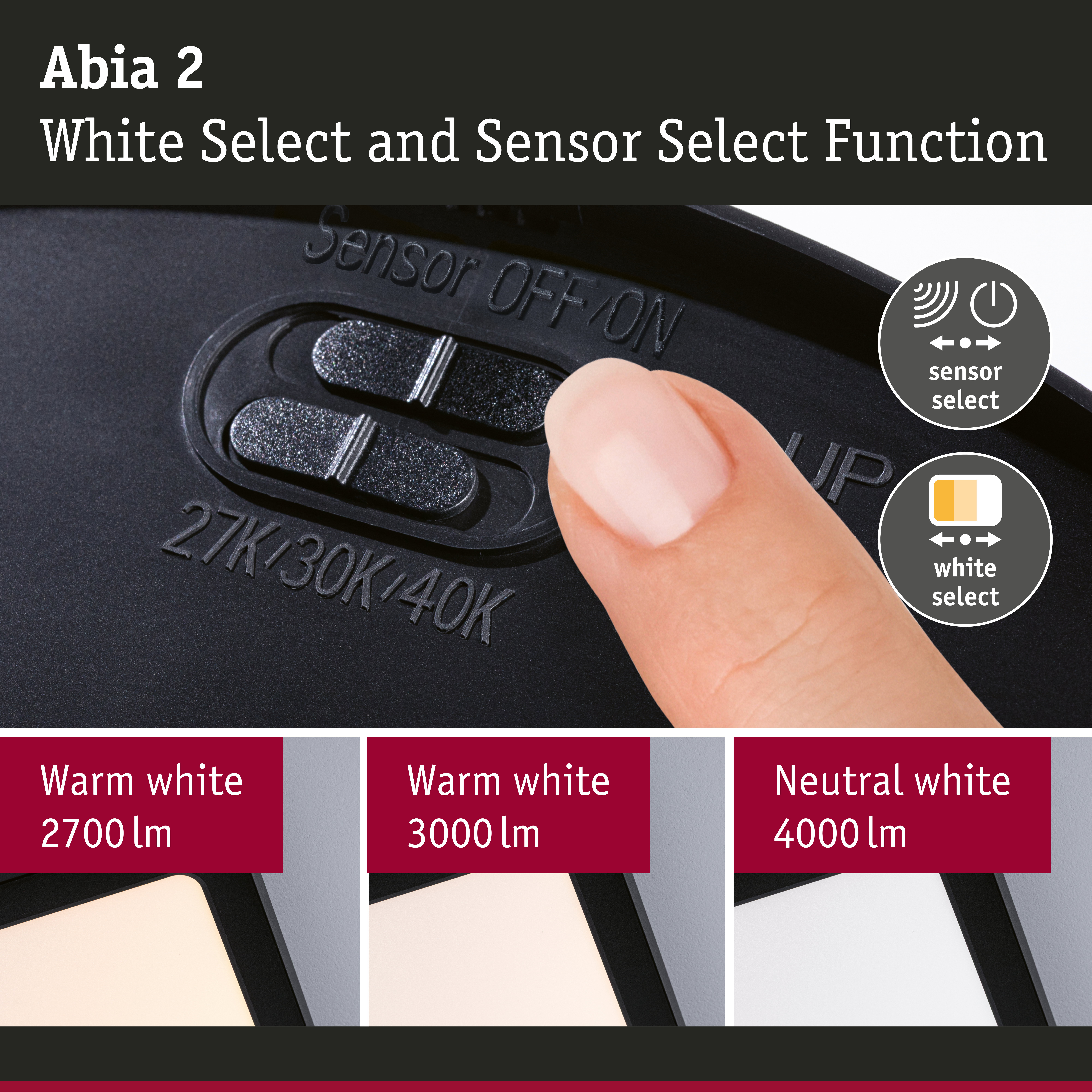 LED Panel Abia 2 White Select Twilight-controlled motion detector (HF) angular 400x400mm 16W 1400lm 2700 - 4000K Black
