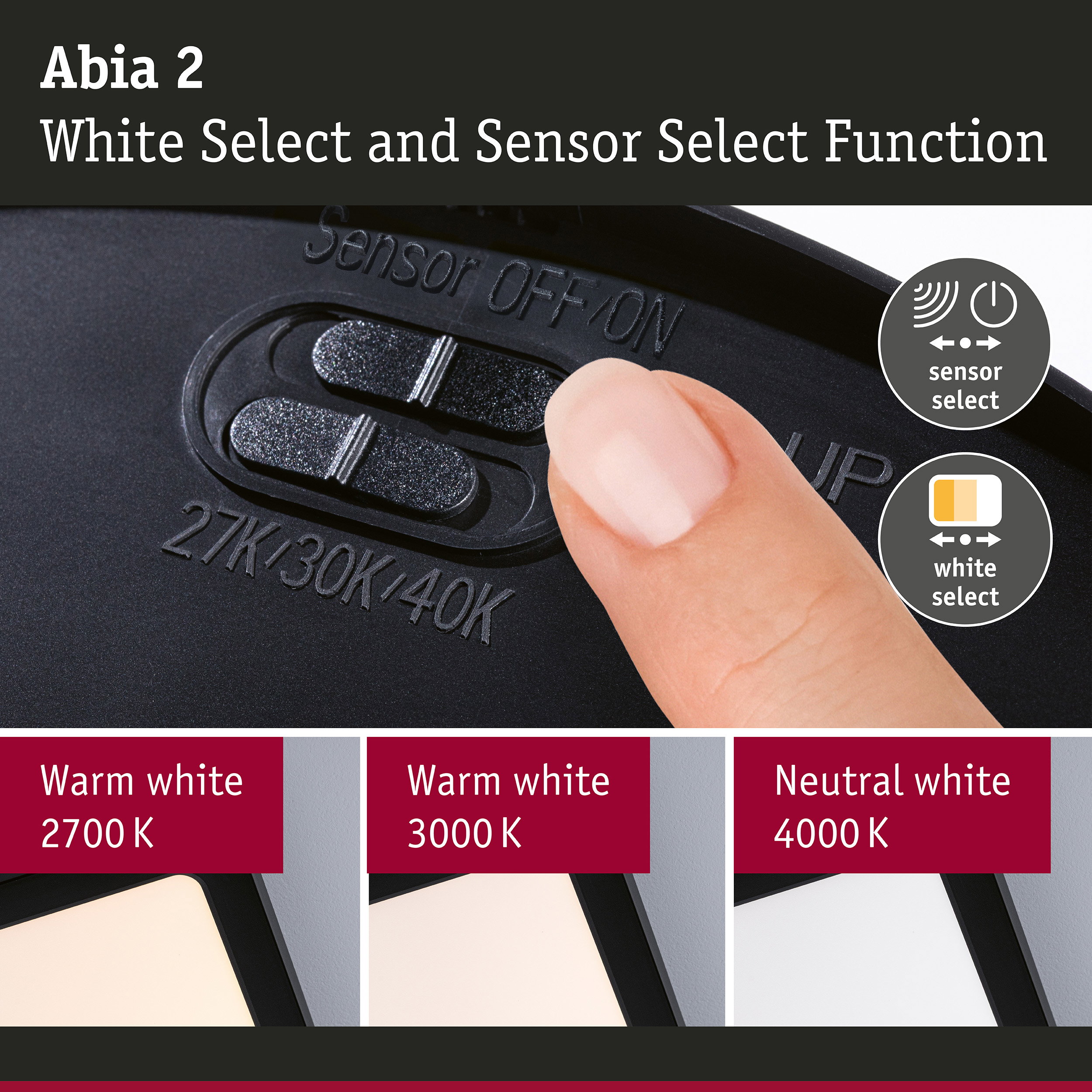 LED Panel Abia 2 White Select Twilight-controlled motion detector (HF) angular 400x400mm 16W 1400lm White Select Black