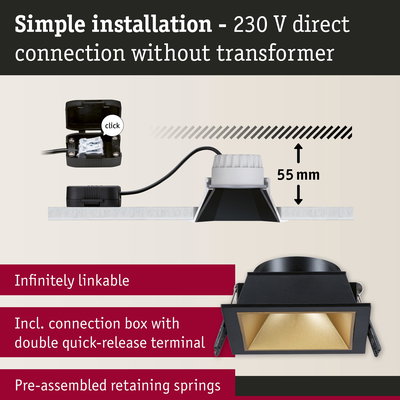 Black LED recessed spotlight with gold reflector and connection box for 230 V direct wiring without transformer
