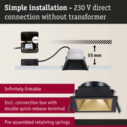 Black recessed spotlight with gold reflector and connection box for 230 V direct connection without transformer