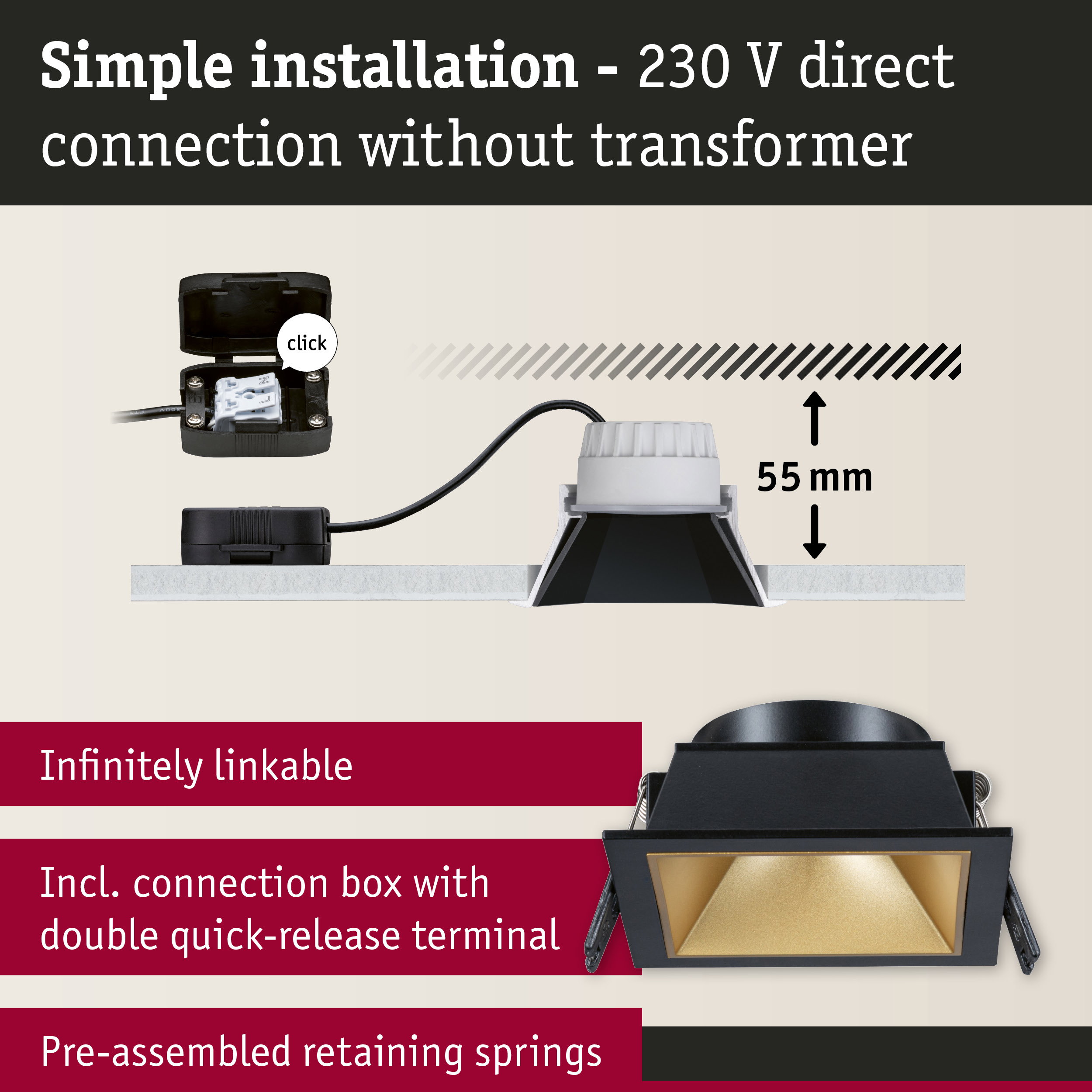 Black recessed spotlight with gold reflector and connection box for 230 V direct connection without transformer