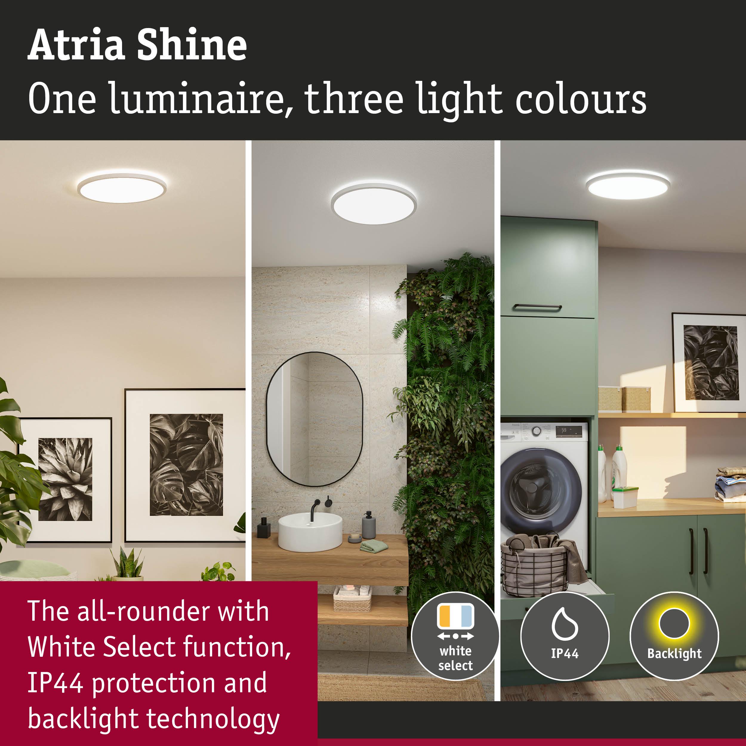 Atria Shine round ceiling light with three light colours, IP44 protection and backlight technology for homes