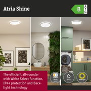 Round Atria Shine white LED ceiling light with IP44 protection and backlight technology for bathrooms.