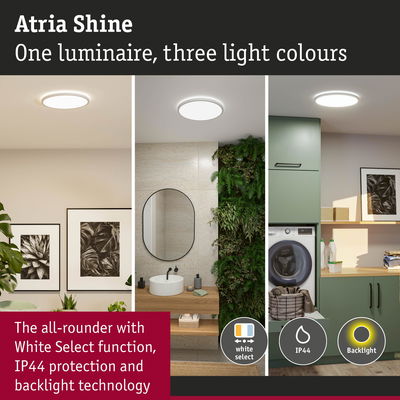 Atria Shine round ceiling light with three light colours, IP44 protection and backlight technology for homes