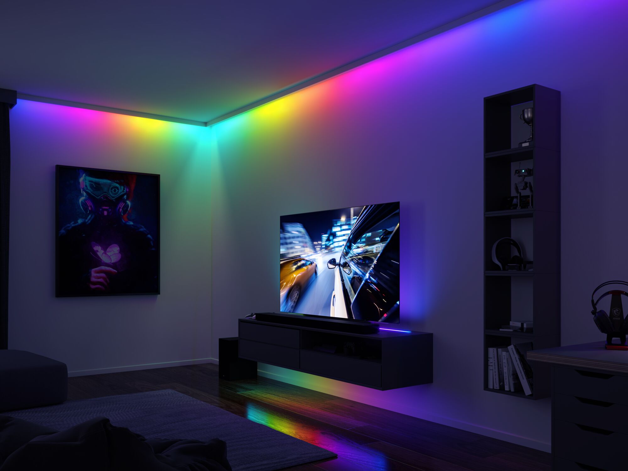 Living room with colorful LED strip lighting on ceiling and TV unit creating ambient mood lighting