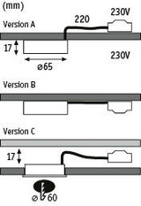 Technical drawing showing dimensions of three versions of a flat LED ceiling light in black and white.