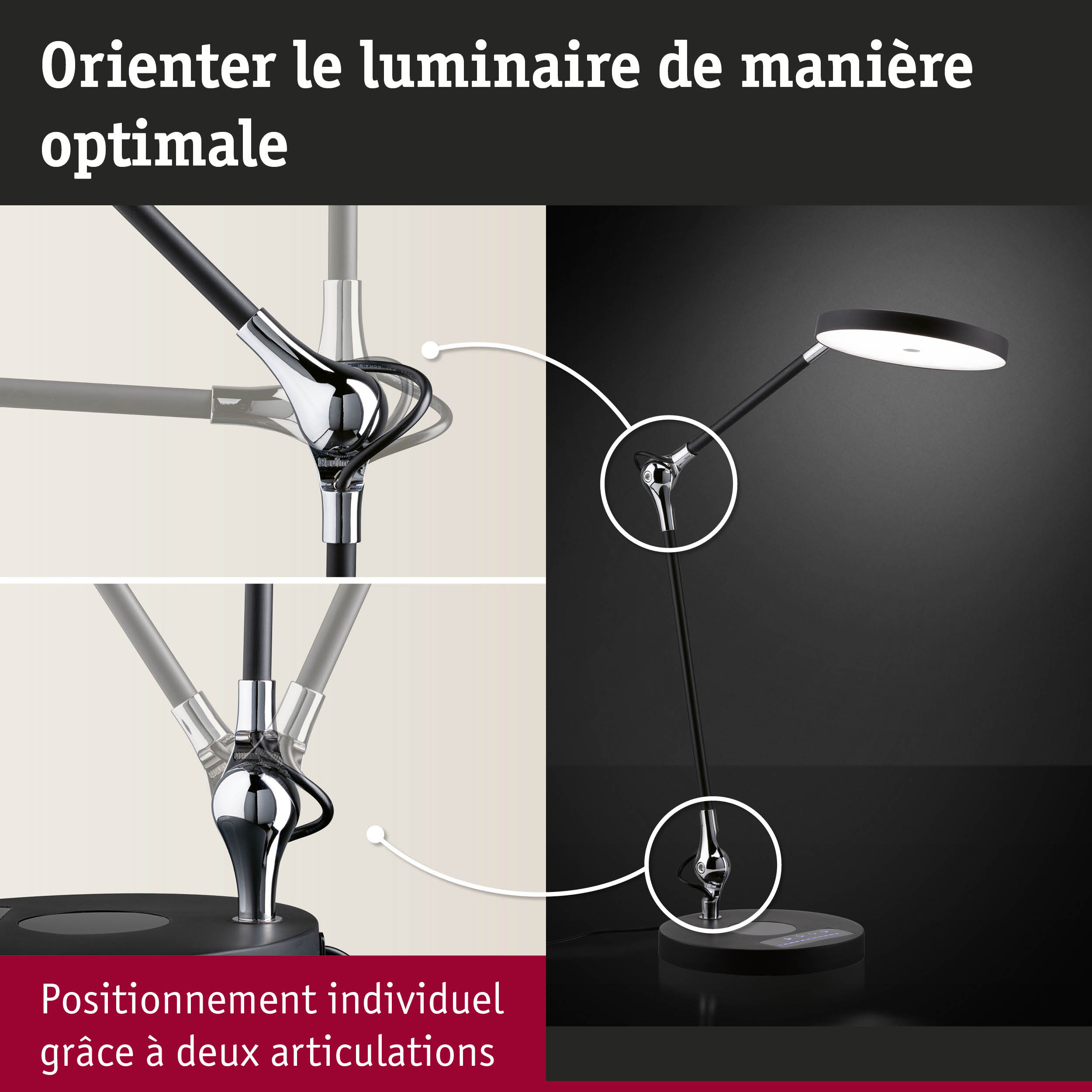 Lampe de bureau LED noire avec bras réglable et deux articulations pour un positionnement optimal de la lumière