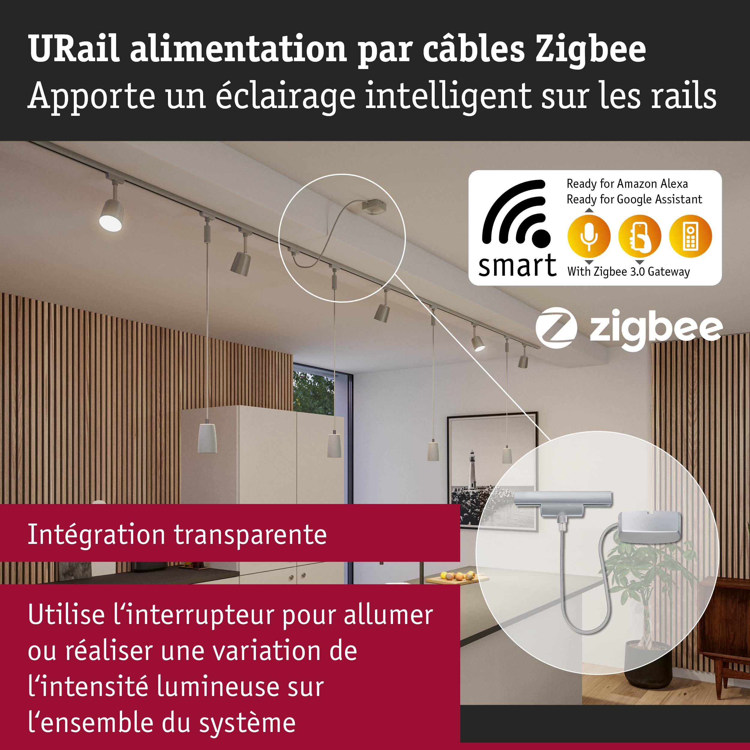 Alimentation URail avec câbles Zigbee pour éclairage intelligent sur rails dans un intérieur moderne