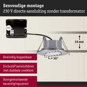 Grijze inbouwspot 55 mm hoog, 30° kantelbaar, inclusief aansluitdoos met dubbele snelklem