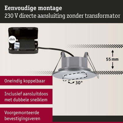 Eenvoudig te monteren zilveren inbouwspot met 230 V directe aansluiting, kantelbaar tot 30 graden