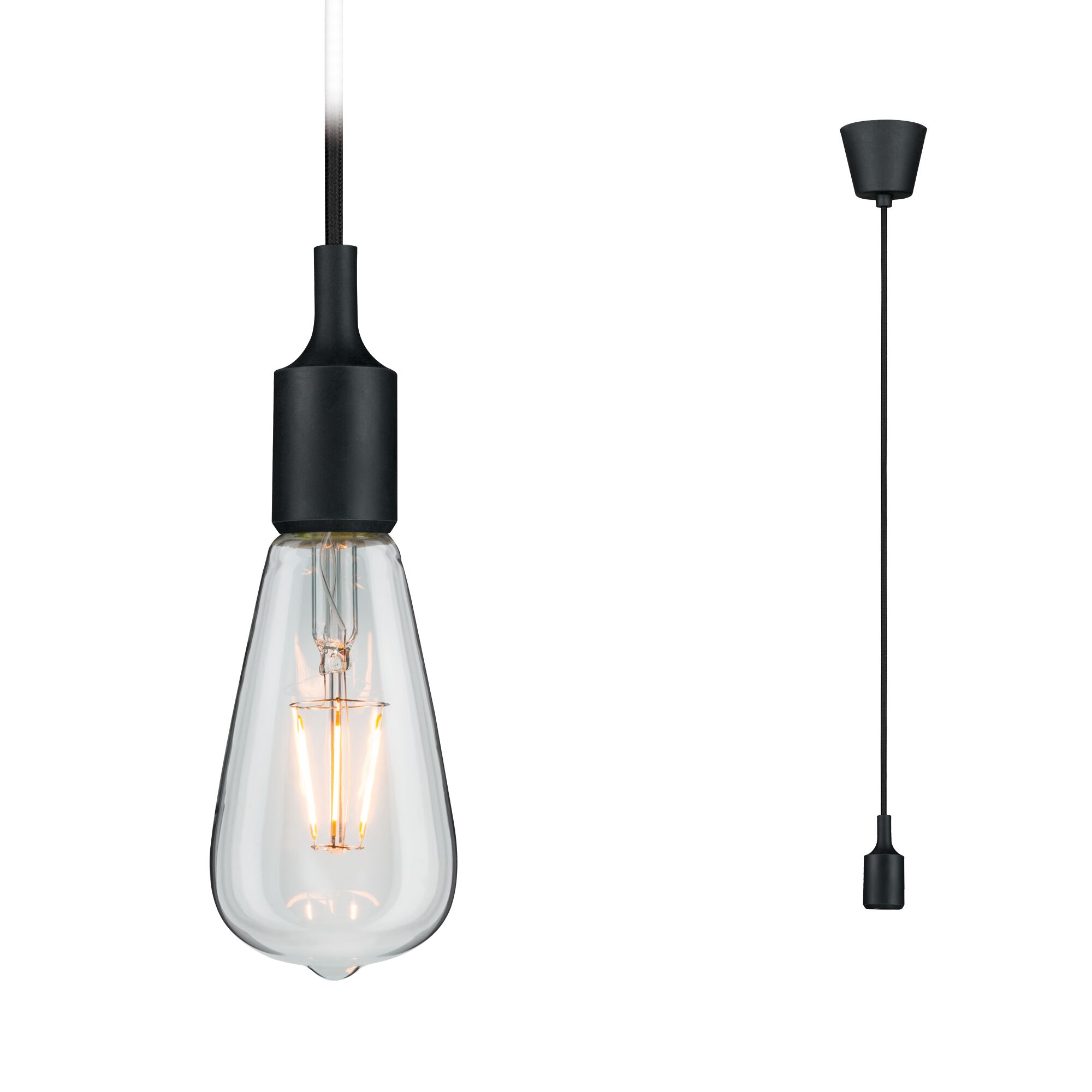 Suspension noire avec ampoule claire et câble textile pour un éclairage intérieur moderne