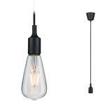Schwarze Pendelleuchte mit klarem Glühbirnen-Design und Textilkabel für moderne Wohnräume
