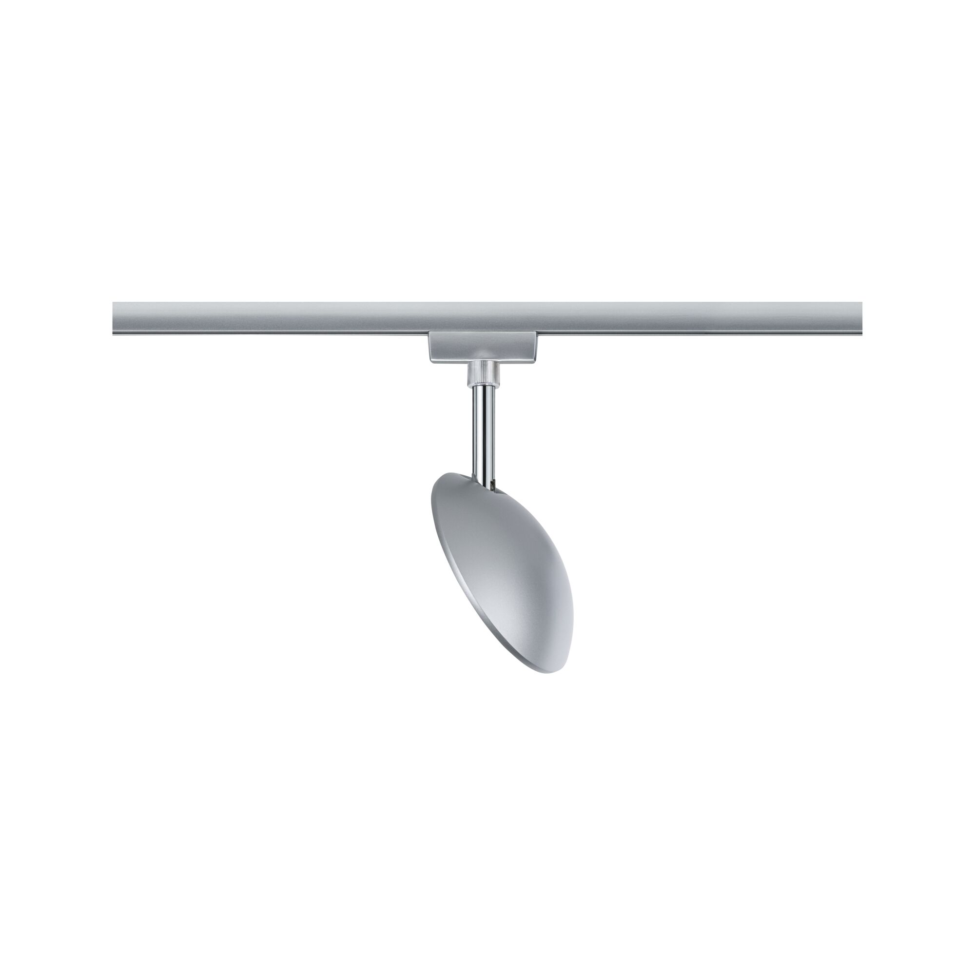 Moderner silberner LED-Strahler aus Metall an Schienensystem für flexible Raumbeleuchtung