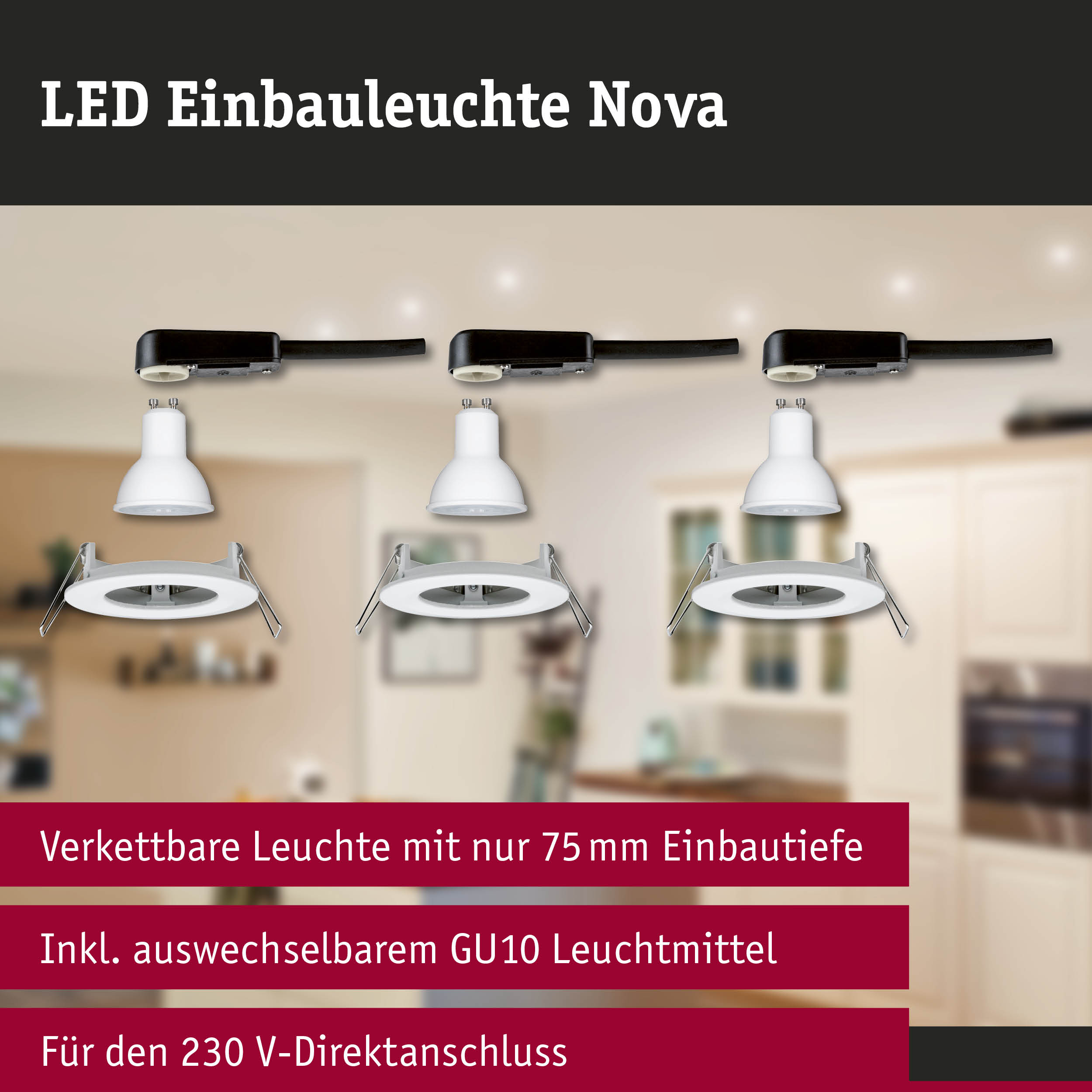 LED Einbauleuchte Nova in Weiß mit schwarzem Anschlusskabel, GU10 Fassung, 230V Direktanschluss