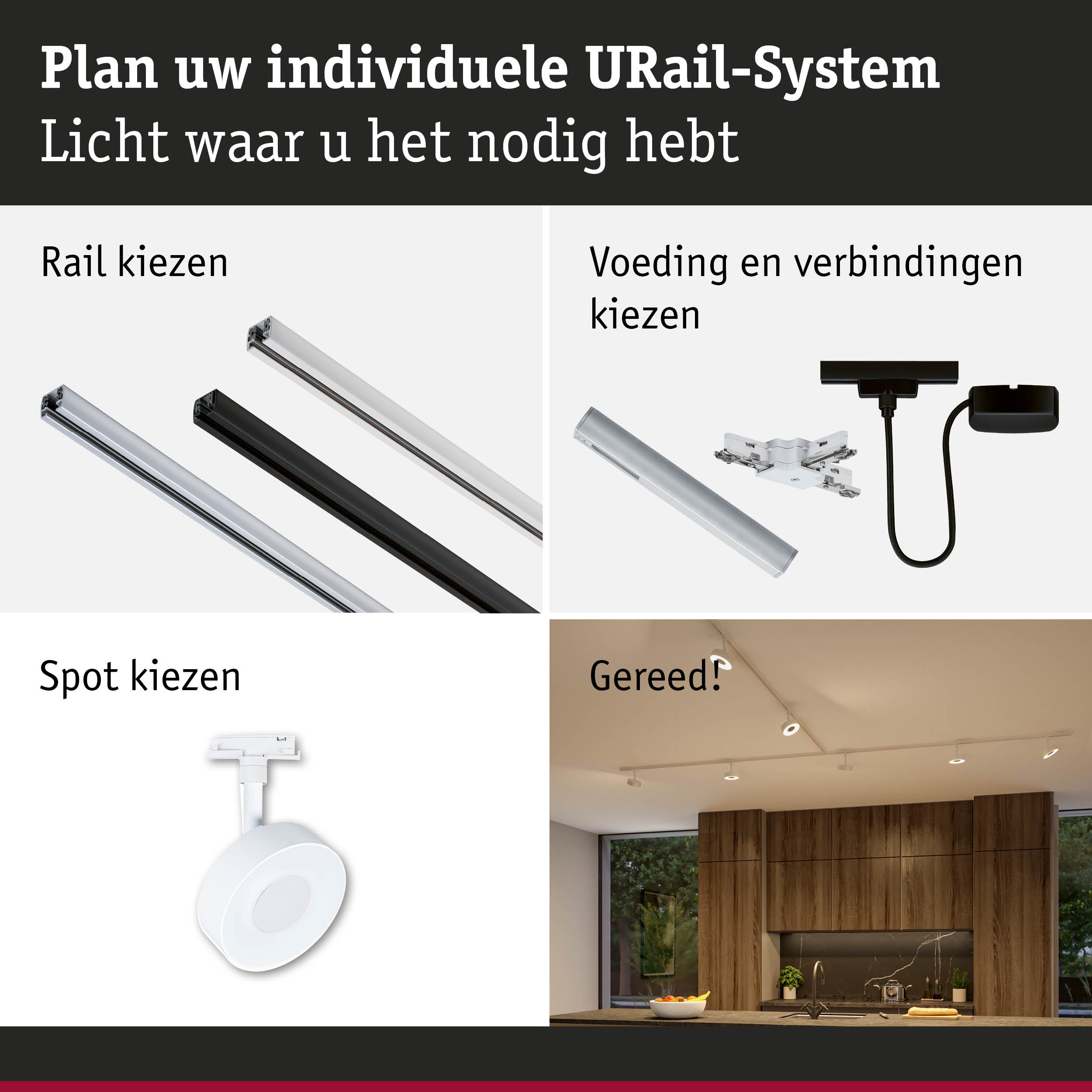 Modulair URail-systeem met rails, voeding en spots voor flexibele LED-verlichting