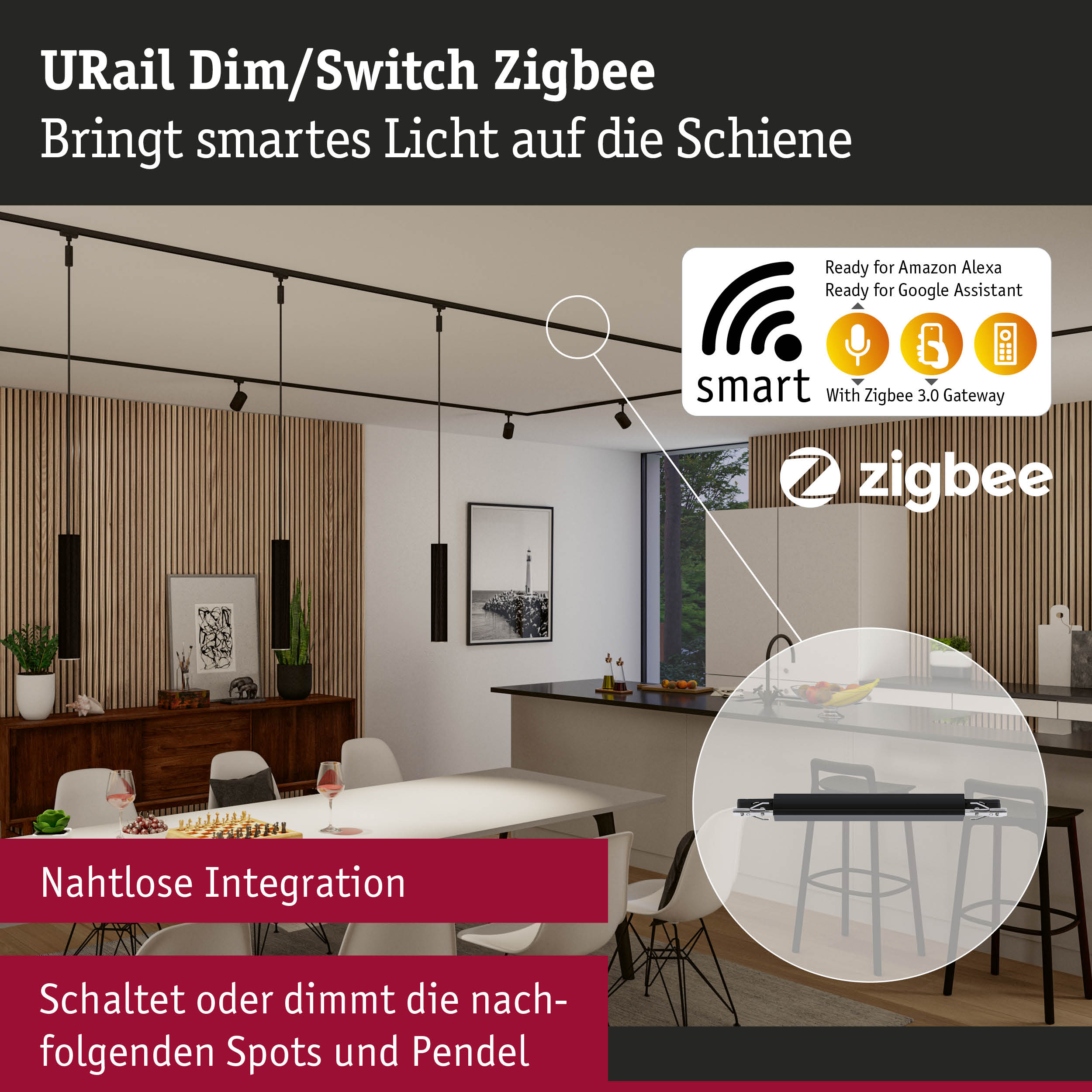 Schwarzes URail Dim/Switch Zigbee Schienensystem mit smartem Licht für Alexa und Google Assistant Steuerung