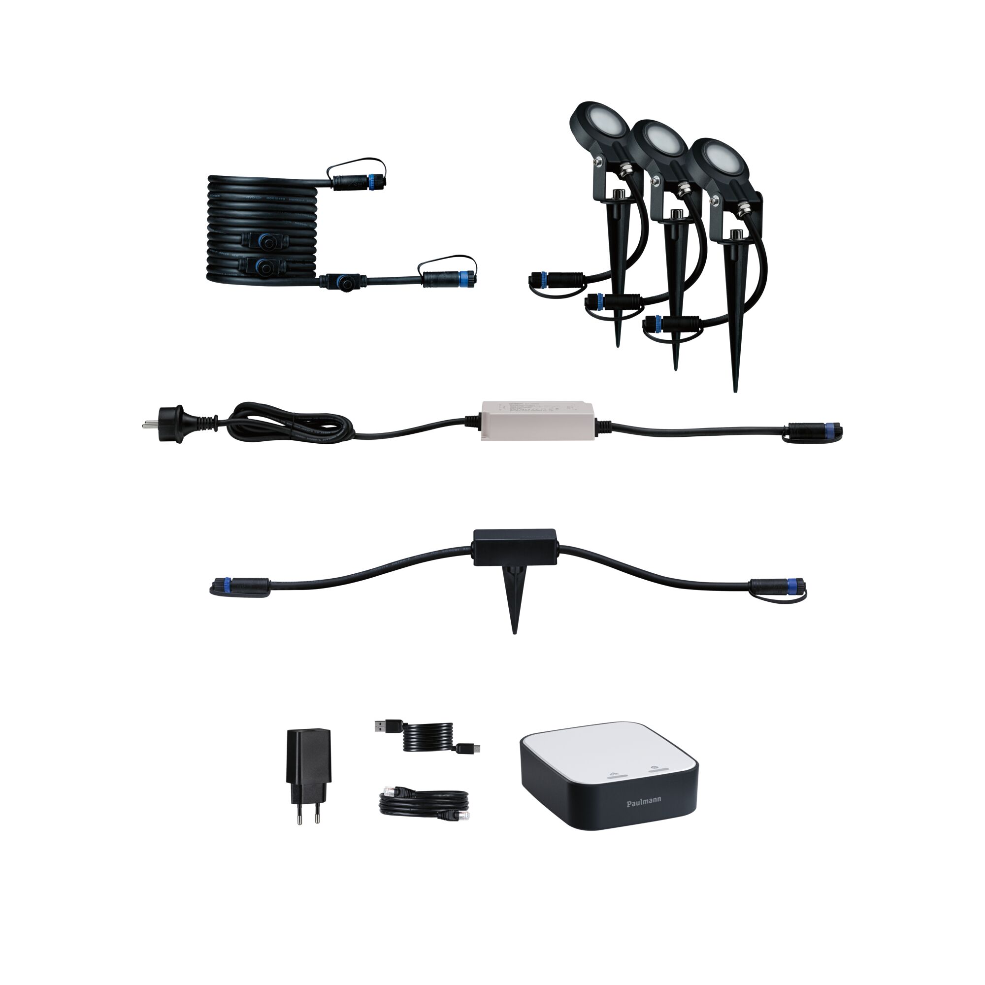 Ensemble d'éclairage de jardin LED noir avec trois piquets, câbles et unité de contrôle pour extérieur