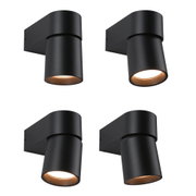 Set of four black aluminum wall lights with warm white LED for modern indoor lighting.