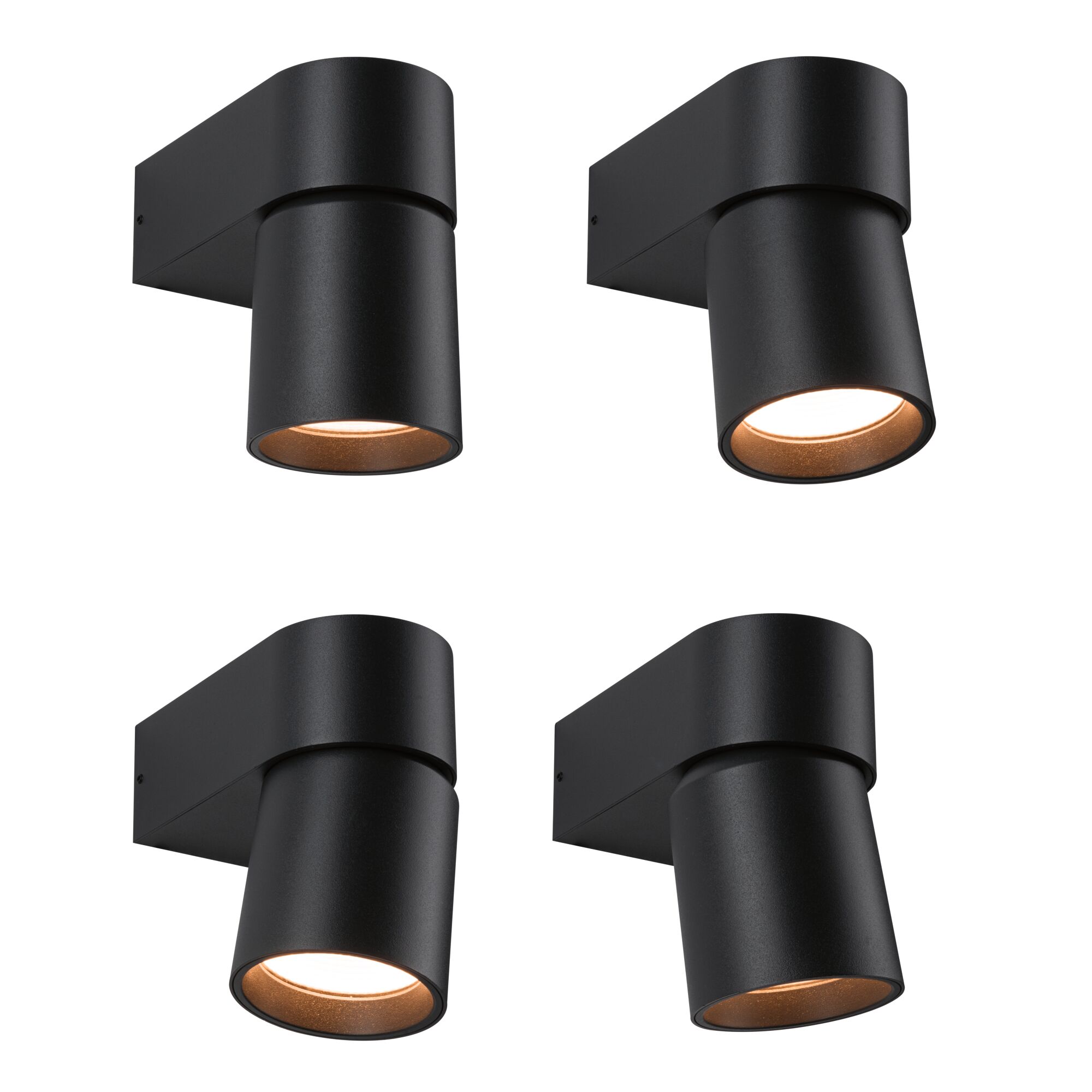 Set of four black aluminum wall lights with warm white LED for modern indoor lighting.
