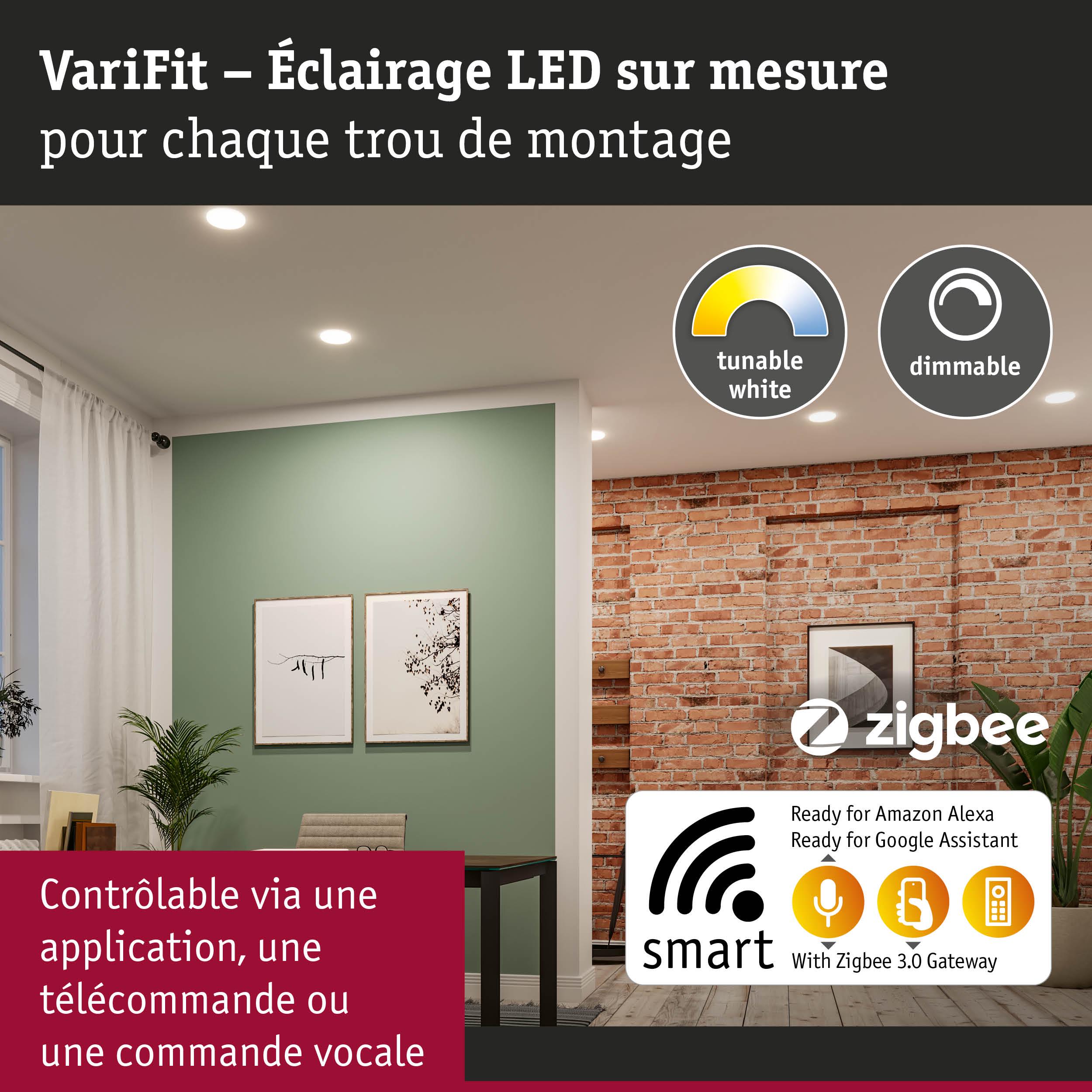 Éclairage LED VariFit encastré avec lumière blanche réglable et dimmable, contrôle intelligent par application ou commande vocale