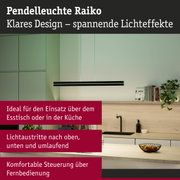 Pendelleuchte Raiko in Schwarz mit klarem Design über hellem Küchentresen mit Obstkorb
