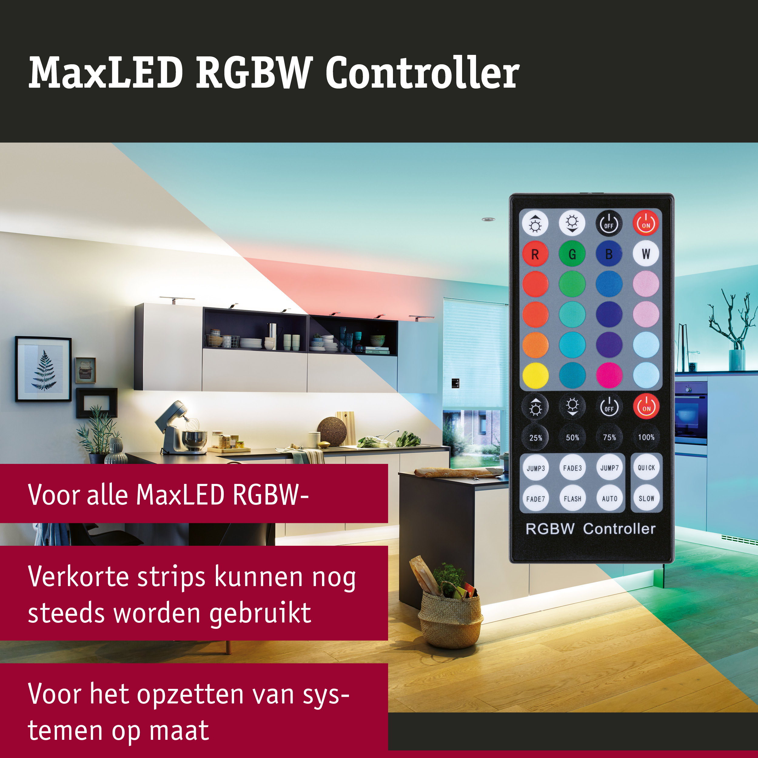MaxLED RGBW Controller afstandsbediening met gekleurde knoppen voor LED-verlichting in moderne woonruimte