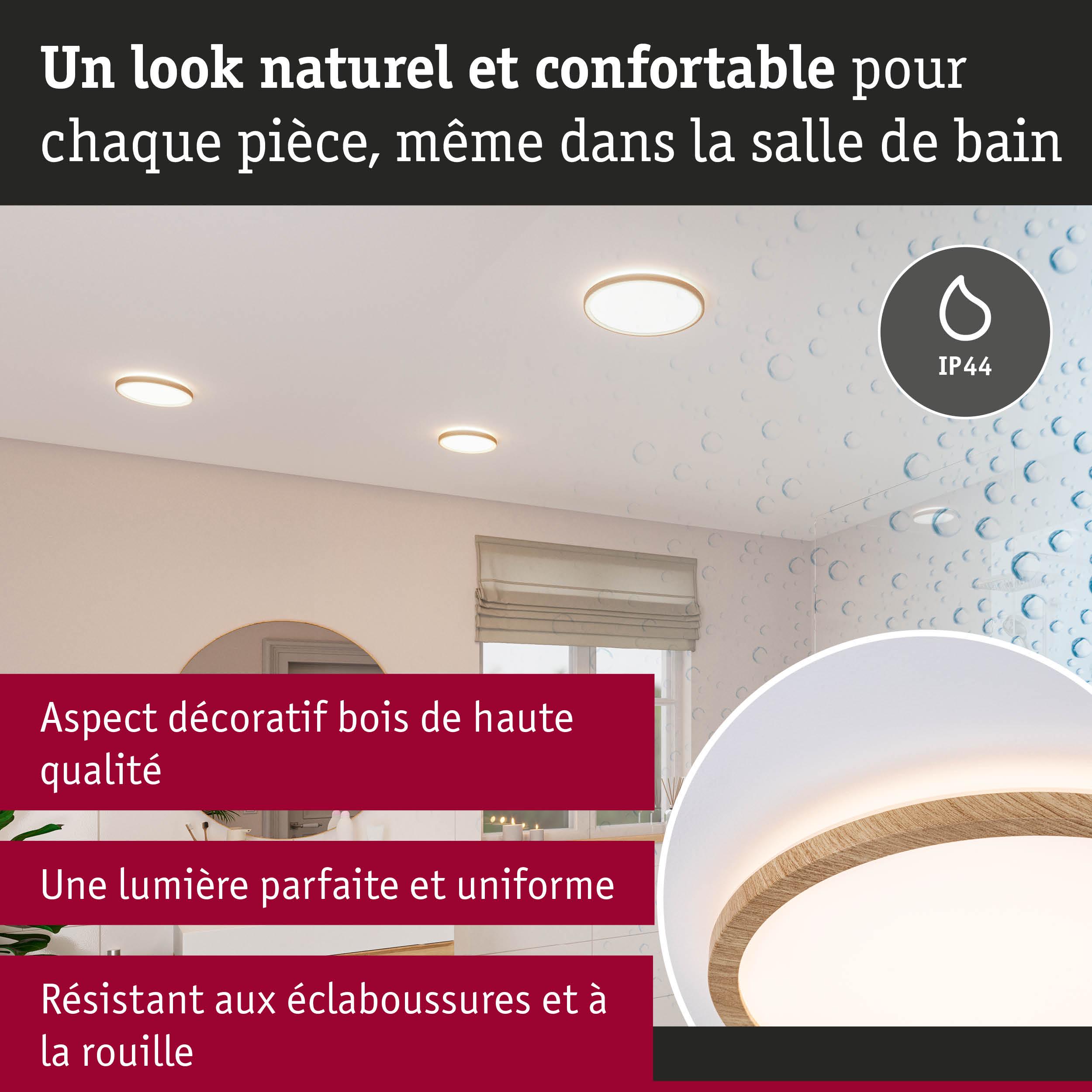Plafonnier rond aspect bois, lumière blanche chaude, résistant aux éclaboussures IP44 pour salle de bain.