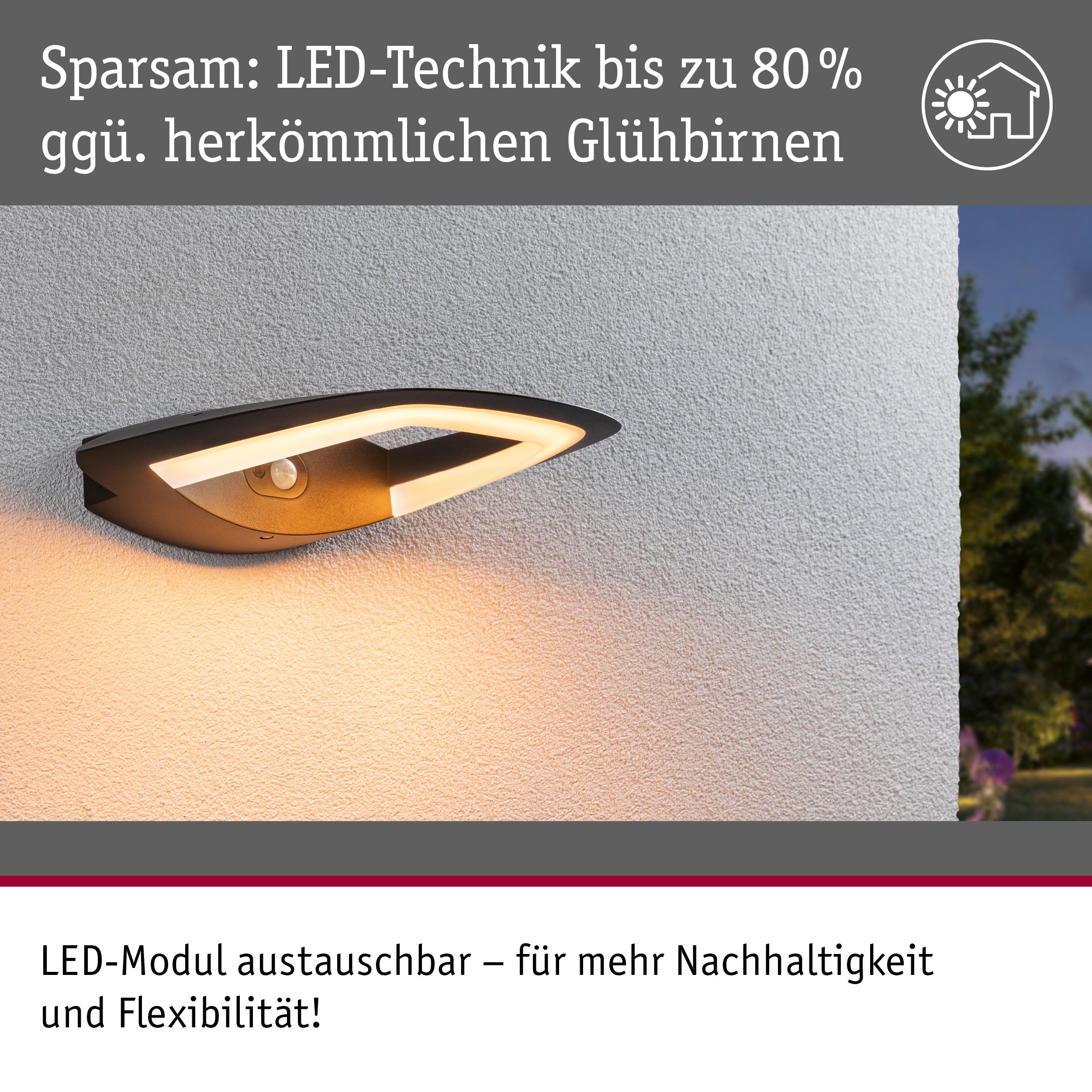Moderne schwarze LED-Außenwandleuchte mit energiesparender Technik und warmweißem Licht an weißer Wand